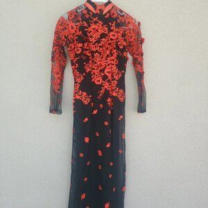 Ao Dai Black and Red Embroidered Floral Vietnamese Dress Size -S